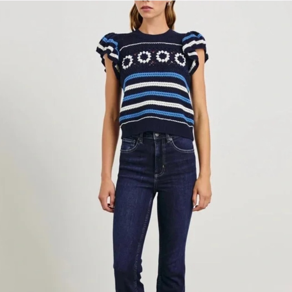 NWT Rails Penelope Crochet Top Sweater Blue Navy  
Striped Size S Flutter Sleeve - Picture 4 of 13